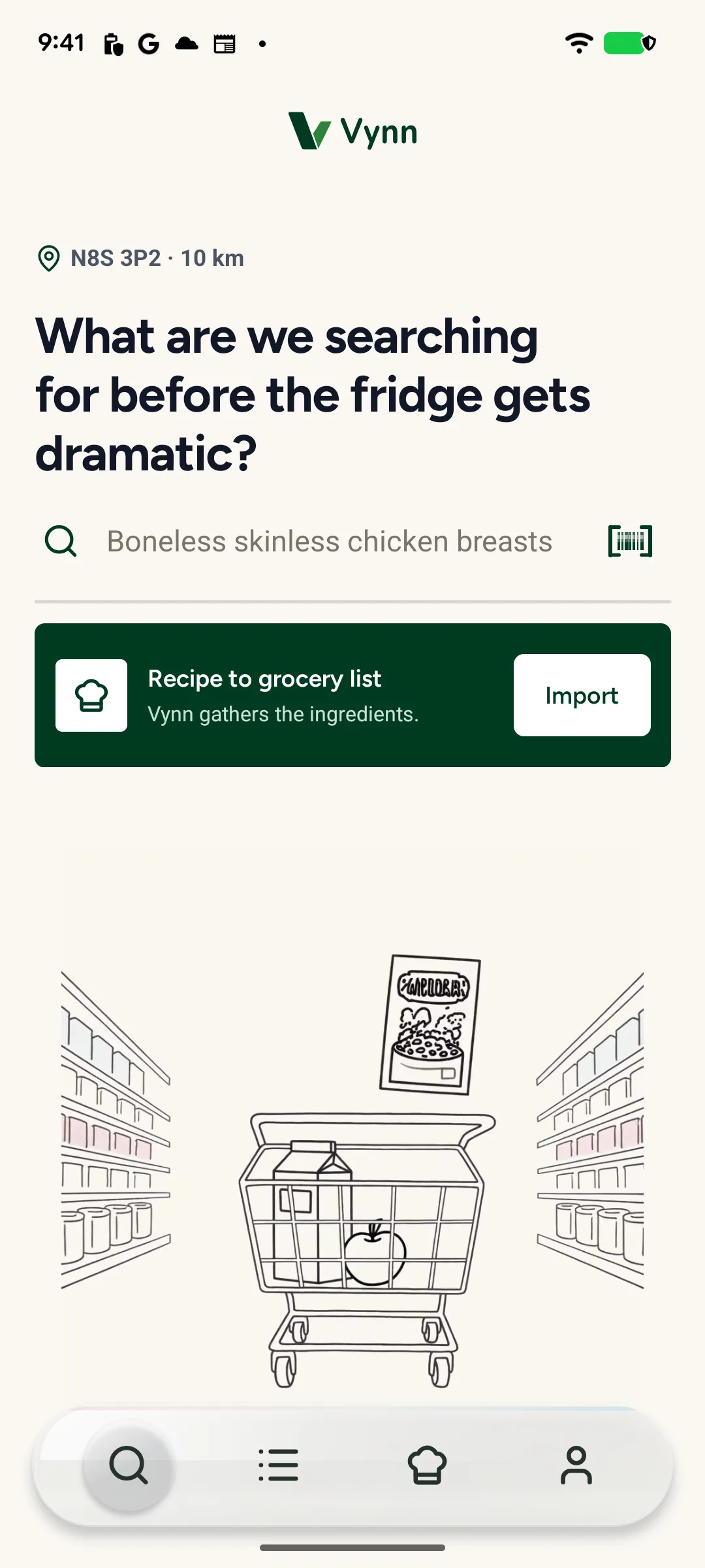 App screenshot: home screen with the floating glass search dock, price comparison results with store logos and unit prices, and the running list total in the header