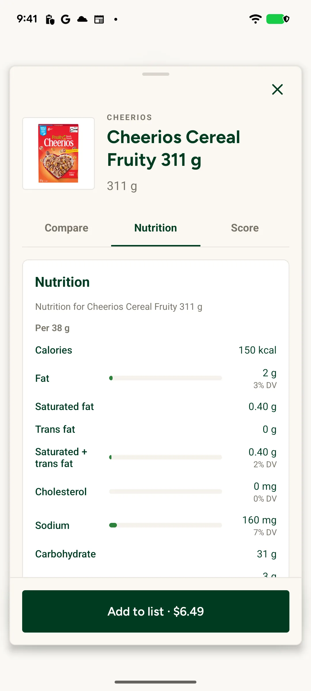 A Vynn cart summary with preference filters, nutrition facts coverage, and a cart nutrition score